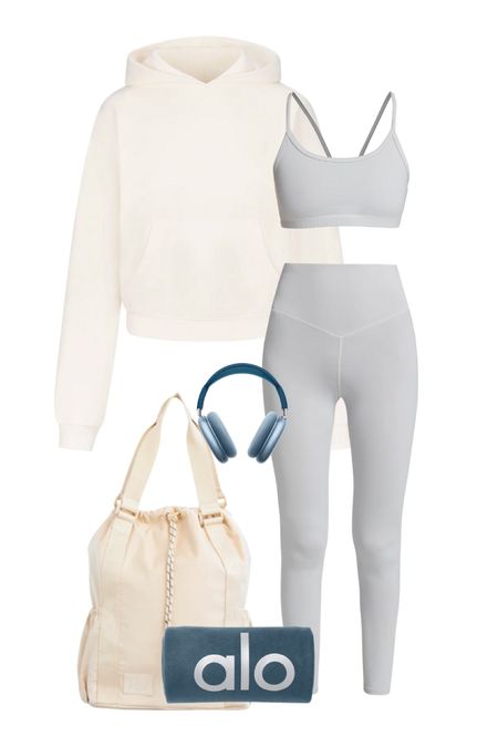 Workout outfit! Mixing greys and creams makes for the perfect spring transition outfit. 

comfy outfit l workout set l matching set l cream crewneck