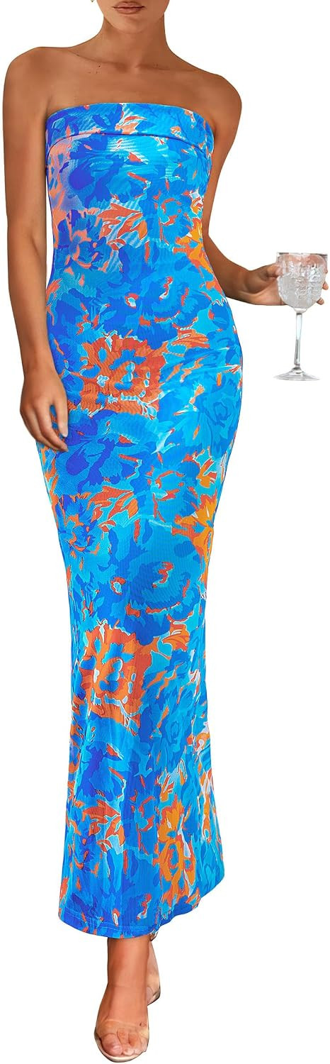 PRETTYGARDEN Womens Floral Long Strapless Summer Dress | Amazon (US)