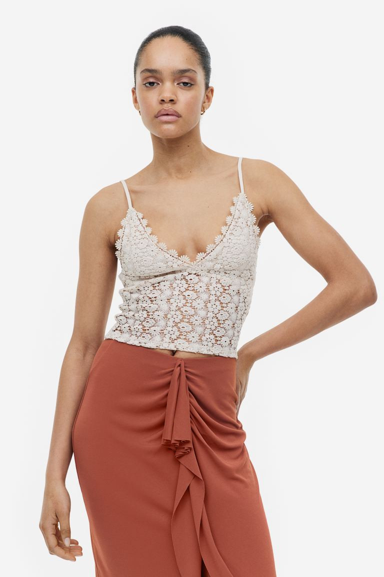 Cropped lace top - Light beige - Ladies | H&M GB | H&M (UK, MY, IN, SG, PH, TW, HK)
