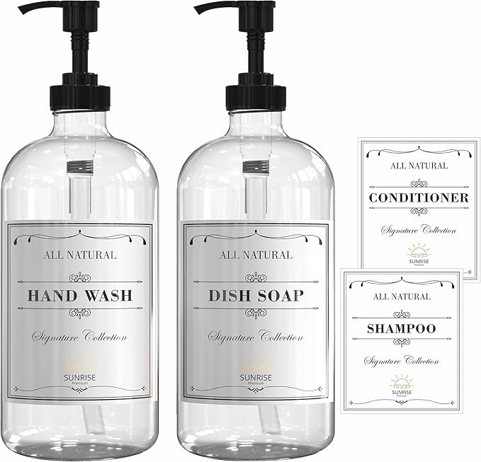 SUNRISE PREMIUM 2-Pack 16 Oz Clear Glass Hand Soap Dispenser with Plastic Pump, Refillable Soap P... | Amazon (US)