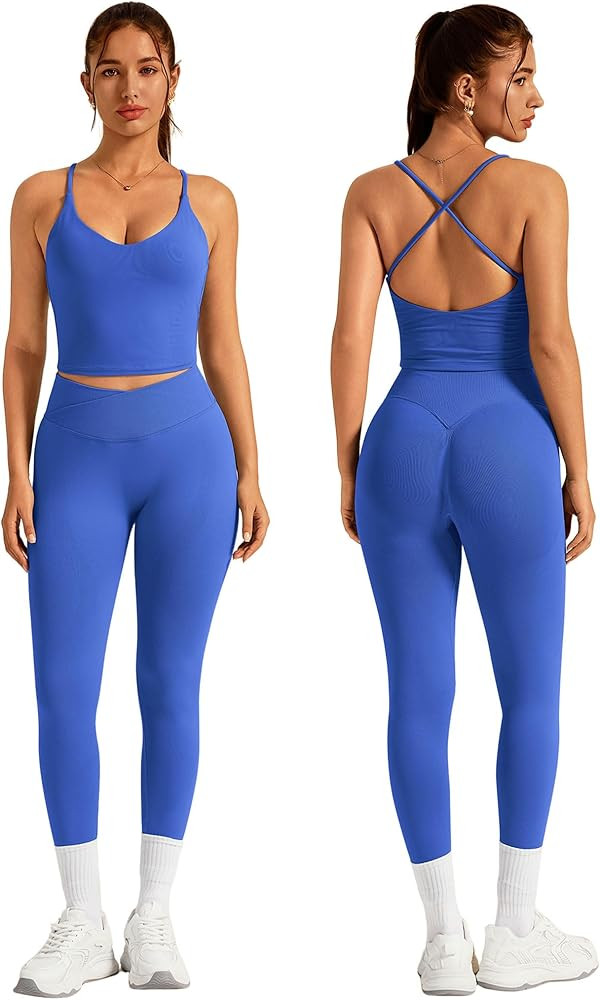 ABOCIW Womens Workout Sets 2 Piece Seamless Strappy Tank Top Crossover Waist Leggings Gym Sets Ac... | Amazon (US)