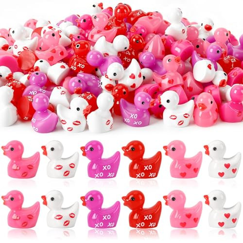 JUNEBRUSHS 50 Pcs Valentine's Day Mini Ducks, Pink Red Tiny Resin Ducks Heart Duck Figures Miniature Ornaments for Vase Filler Jewelry Making DIY Crafts Party Gifts Decorations | Amazon (US)