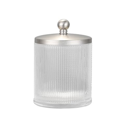 Indecor Home Glass Jar with Metal Lid for Bathroom Organization, Clear Apothecary Jar for Cotton Balls, Q-Tips, and Small Accessories, Stylish Bathroom Storage Container - Nickel/Clear | Amazon (US)