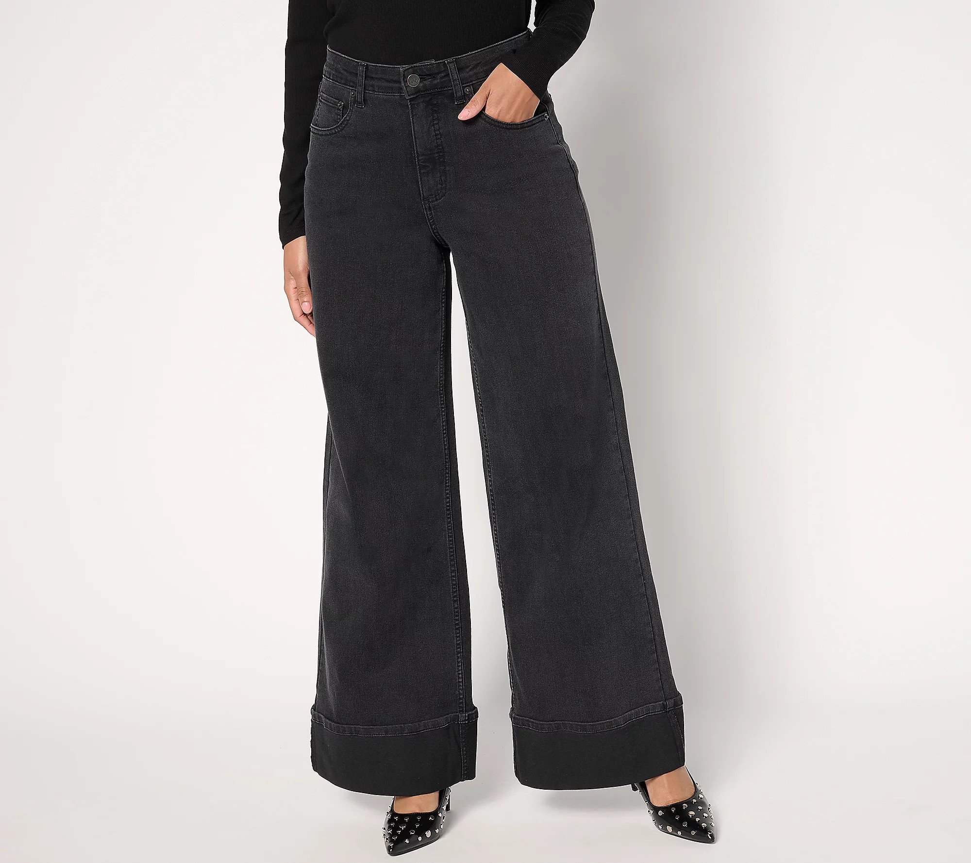 Me by Jennie Garth Petite Washed Black Cuffed Wide Leg Jeans | QVC