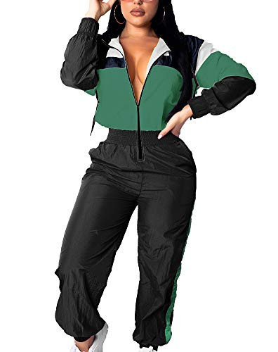 EOSIEDUR Women's One Piece Tracksuit Outfits Windbreaker Jacket Camouflage Crop Top Pants Jumpsuit Set 80s Green L | Amazon (US)