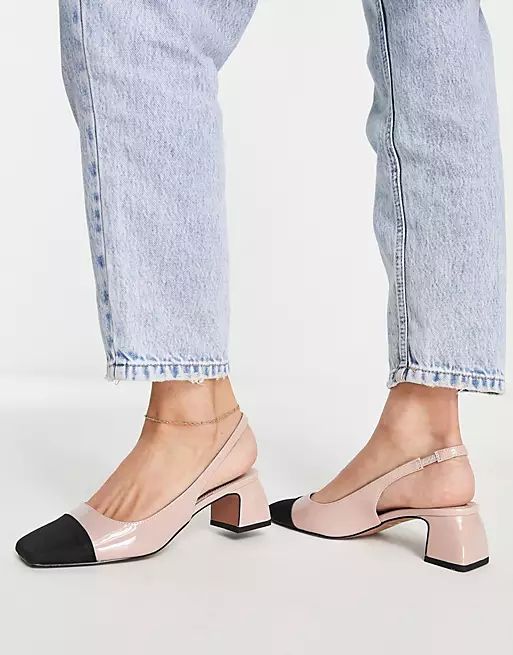 ASOS DESIGN Sally toe cap slingback block heeled shoes in beige | ASOS (Global)