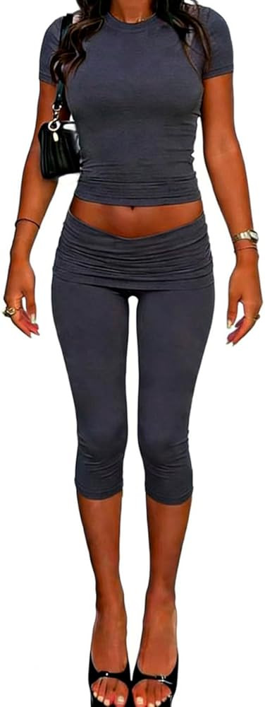 ZFLM casual sports women's two-piece set with short sleeves exposed navel high waistfoldable crop... | Amazon (US)