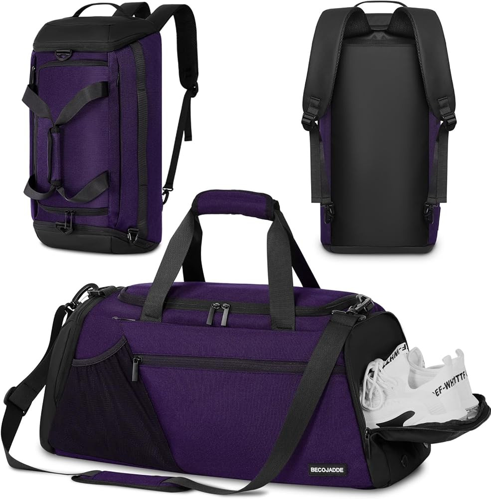 Gym Bag for Men Women, 45L Large Gym Backpack Multiple Pockets Sport Duffle Bags with Shoe & Wet Compartment for Workout Travel Weekend Overnight, Purple | Amazon (US)