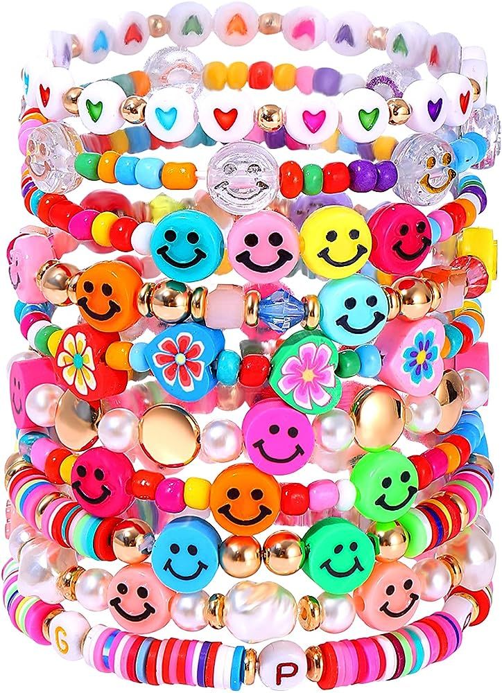 HZEYN Beaded Bracelet Set Stack Colorful Cute Happy Face Charm Pearl Heishi Beaded Stretchy Bracelet | Amazon (US)