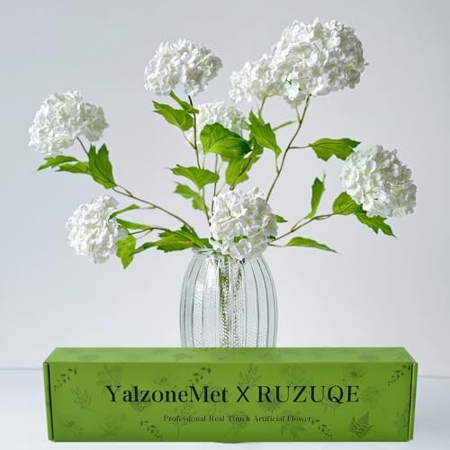 YalzoneMet 4 Pcs 26.8'' Viburnum Artificial Flower Snowball Lifelike Long Stem Real Touch White S... | Amazon (US)