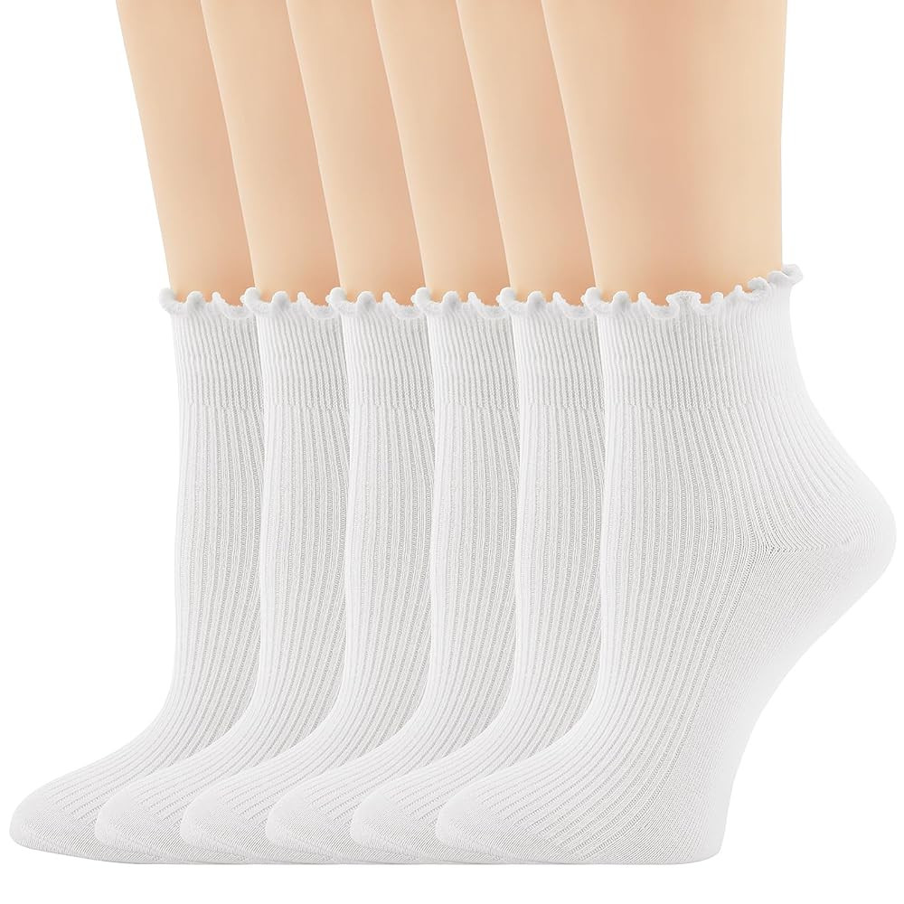 Yawlsow Women's Ruffle Socks, 6Pairs Cute Frilly Ankle Turn-Cuff Casual Socks, Frilly Edged, Knit... | Amazon (CA)