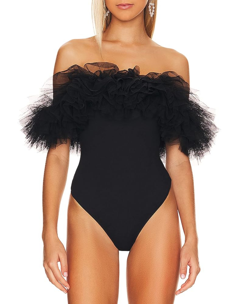 May&Maya Women's Tulle Ruffle Neckline Bodysuit Top Tee Bodice | Amazon (US)