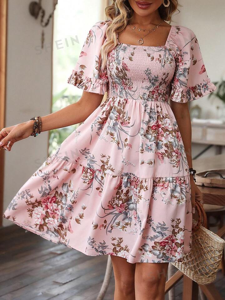 SHEIN VCAY Floral Print Square Neck Ruffle Hem Dress | SHEIN