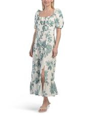 Linen Blend Puff Sleeve Square Neck Smocked Back Midi Dress | TJ Maxx