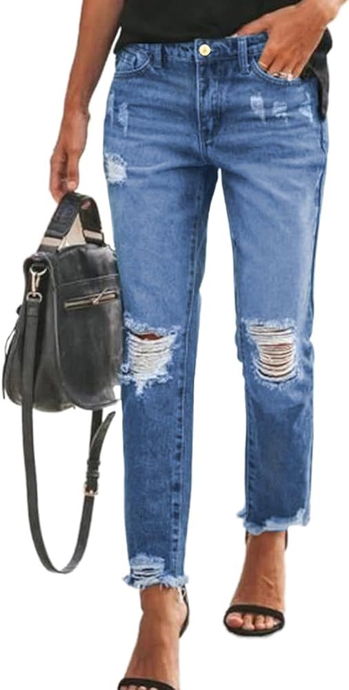 Sidefeel Women's Boyfriend Jeans Stretchy Ripped Distressed Denim Pants Size 4-18 | Amazon (US)