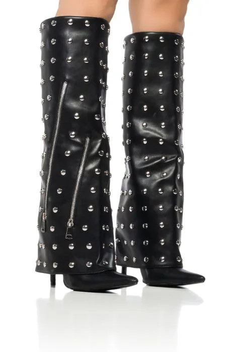 AZALEA WANG YOSHINO FOLD OVER FAUX LEATHER STILETTO STUDDED BOOT IN BLACK | AKIRA