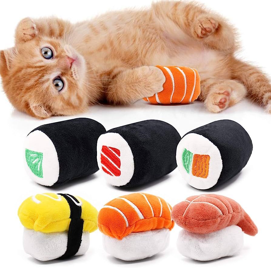 CiyvoLyeen 6 Pack Sushi Cat Toys with Catnip Sushi Roll Pillow Kitten Chew Bite Supplies Boredom ... | Amazon (US)