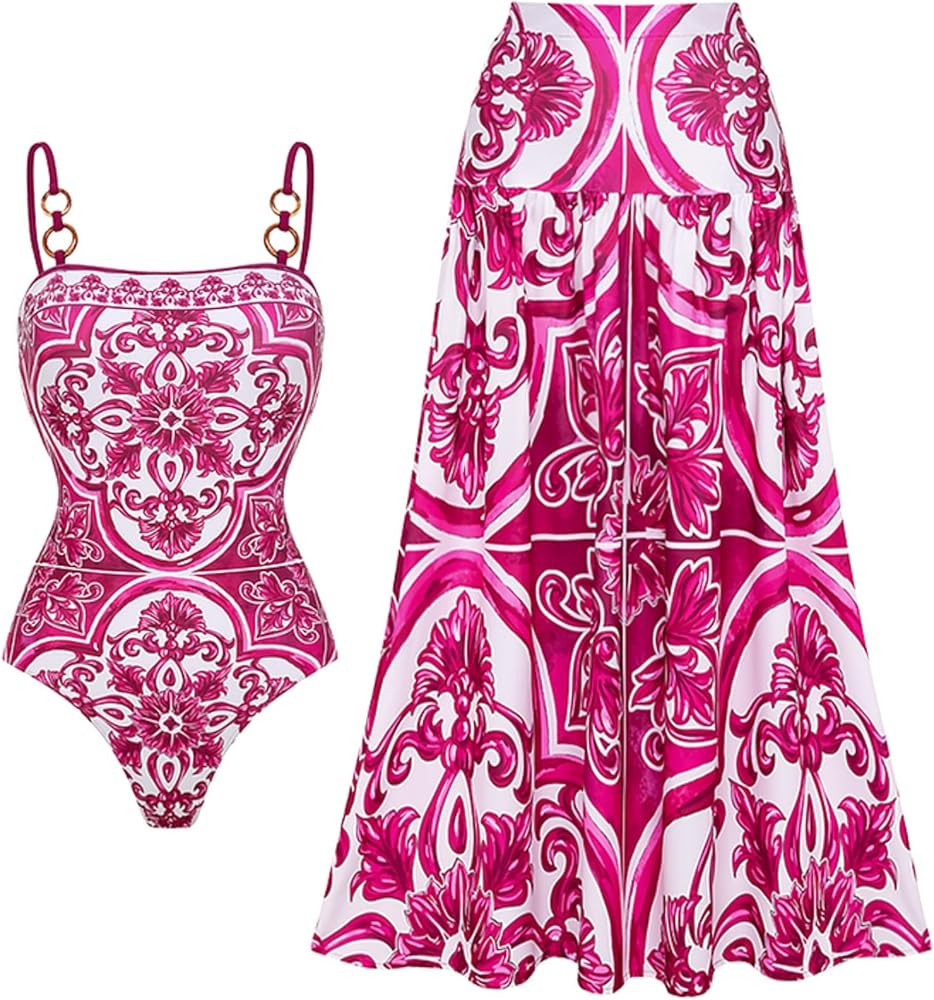 FLAXMAKER Women's One Piece Sling Classic Majolica Adjustable Bathing Suits Back Lace up Swimsuit... | Amazon (US)