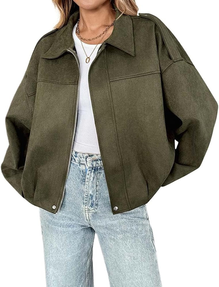 Mywinway Suede Bomber Jacket Women Fall Winter Casual Trendy Oversized Zip Up Cropped Leather Bar... | Amazon (US)