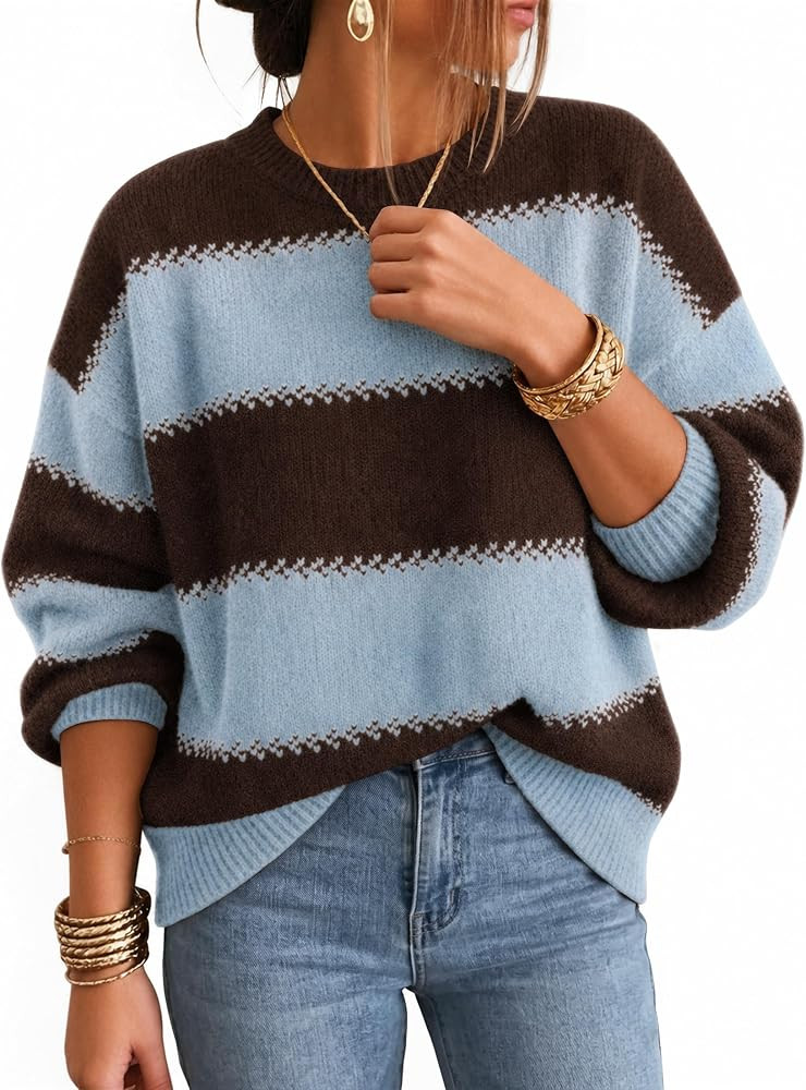 ZESICA Women's 2026 Fall Oversized Striped Cozy Casual Long Sleeve Sweaters | Amazon (US)