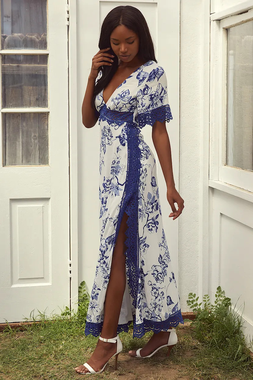 Sweeten the Occasion Blue Floral Lace Short Sleeve Maxi Dress | Lulus (US)