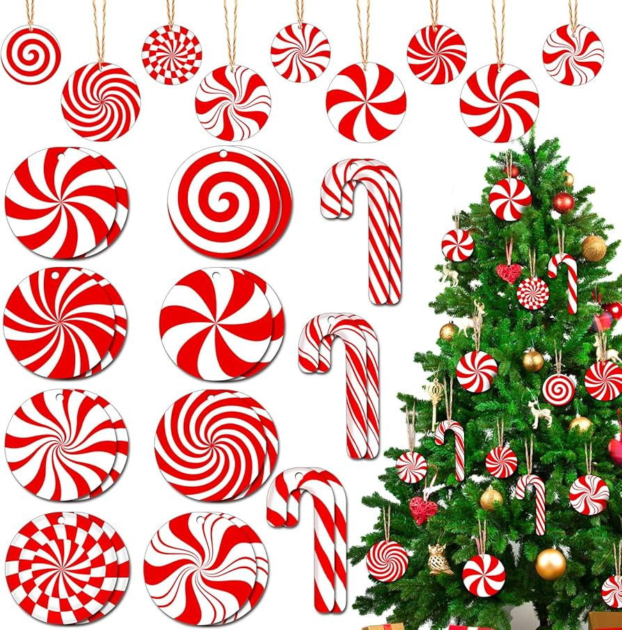 YUJUN 38 Pieces Wooden Candy Cane Ornaments for Christmas Tree Decor - Red Peppermint Lollipop Ha... | Amazon (US)