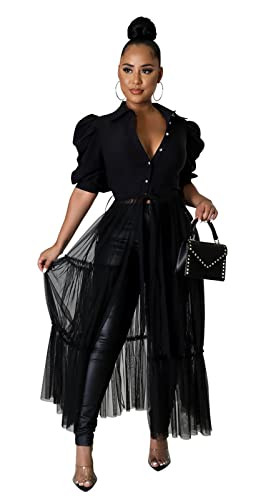 Ekaliy Plus Size High Low Tops for Women - Mesh See Through Puff Sleeve Short Sleeve Asymmetrical Tunic Shirt Dresses M Black | Amazon (US)