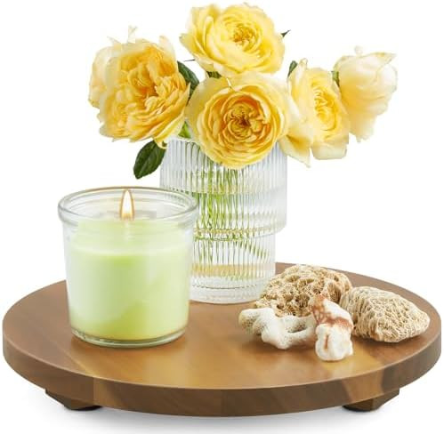 Small Round Decorative Tray Acacia Wood Pedestal Stand Farmhouse Bathroom Decor Kitchen Dish Soap... | Amazon (US)