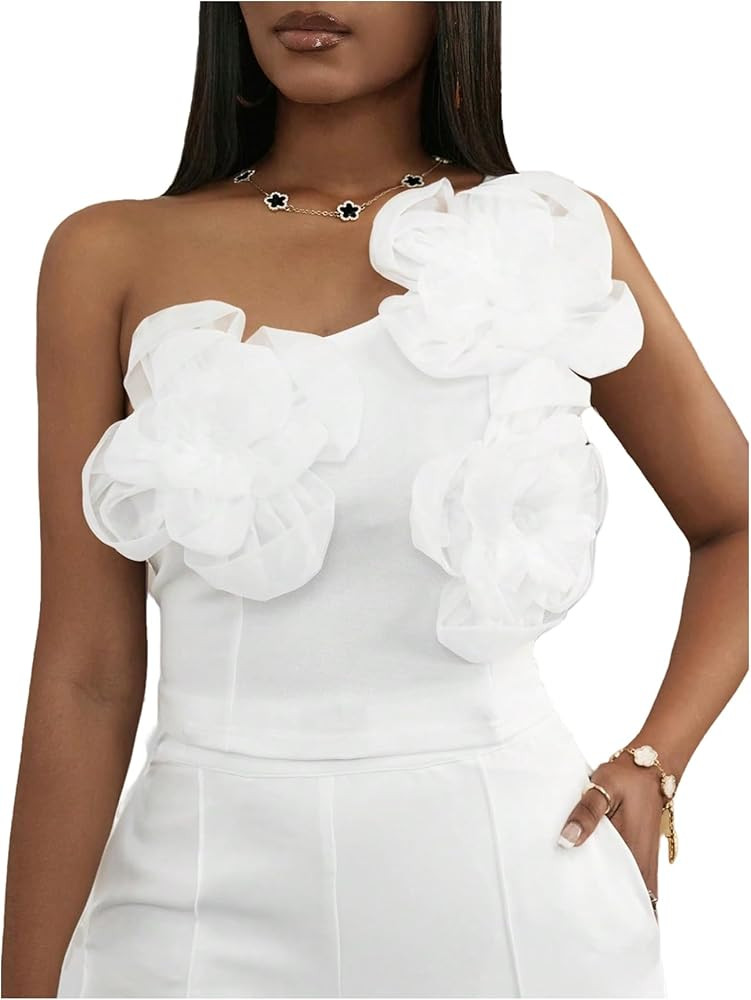 GORGLITTER Women's One Shoulder Flower Crop Tops Casual Floral Tropical Sleeveless Cute Summer Go... | Amazon (US)