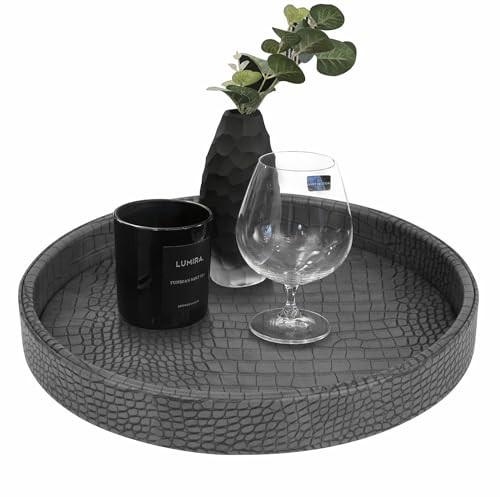 HofferRuffer Faux Leather Round Serving Tray, Vegan Croco Leather Decorative Tray, Food Tray for Storage Drinks, Snack & Cosmetics, Dia.12'' x 1.6'' (Dark Grey) | Amazon (US)