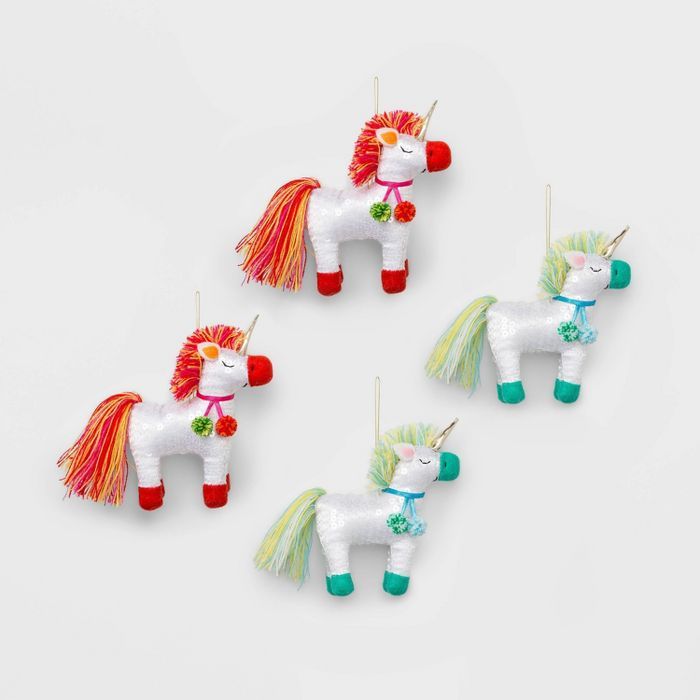 4ct Glitter Sequin Unicorns Christmas Ornament Set Blue Red Green and Pink - Wondershop™ | Target