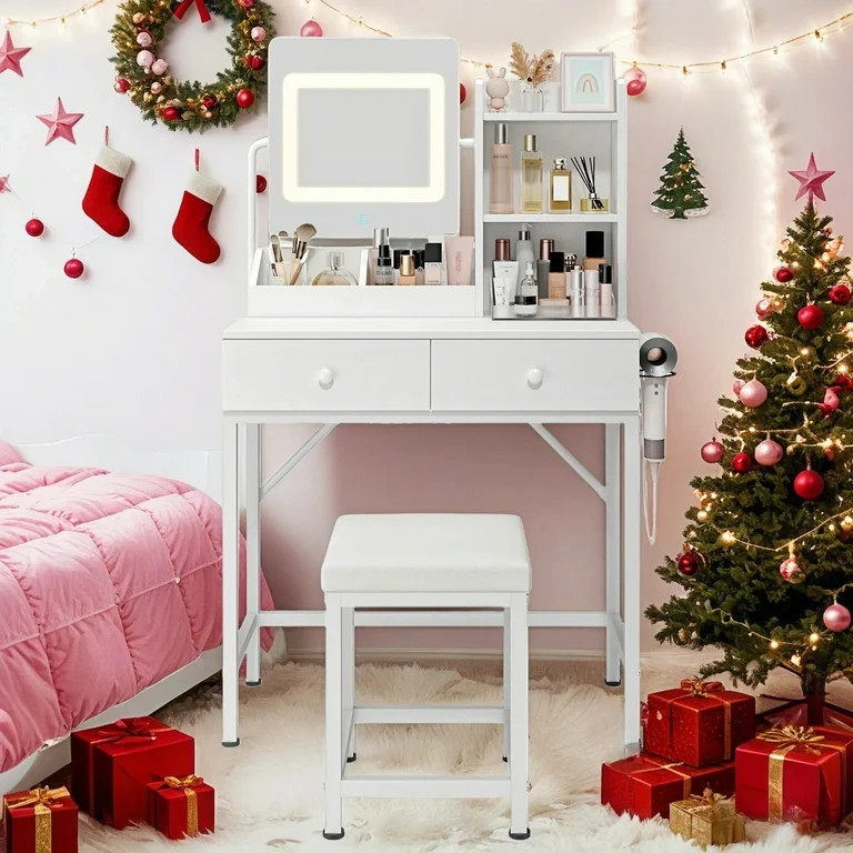 Makeup Vanity Set with Mirror & Lights, Lofka Vanity Desk with Stool, 2 Drawers, Storage Shelves,... | Walmart (US)