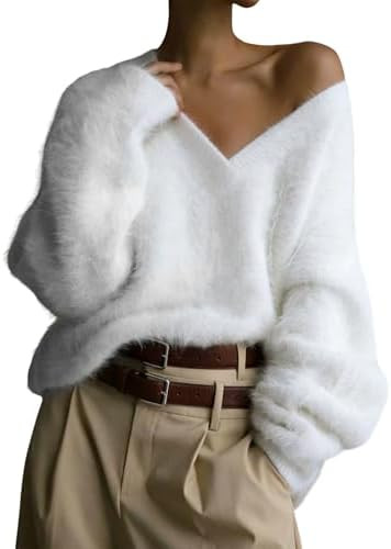 Yimoon Fuzzy Sweater for Women V Neck Long Sleeve Soft Chunky Pullover Sweater Loose Slouchy Fluf... | Amazon (US)