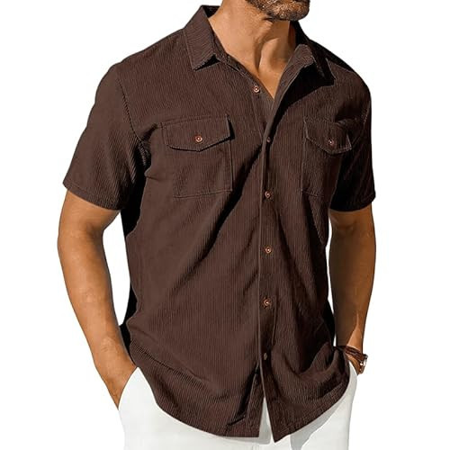 paooqii Men Button Down Shirt Casual Short Sleeve Corduroy Shirts Beach Summer Wedding Overshirt Brown M | Amazon (US)