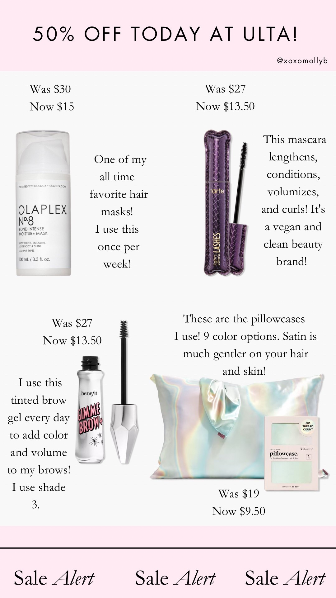 These beauty products are part of the 21 days of beauty sale at Ulta Beauty! These products are 50% off just for today! 

Ulta 21 days of beauty, sale, beauty sale, Kitsch, satin pillowcase, Benefit, brow gel, gimme brow, Tarte, mascara, lights camera lashes mascara, Olaplex, hair mask, Olaplex hair mask, Ulta Beauty, Ulta

#LTKSaleAlert #LTKBeauty #LTKSpringSale
