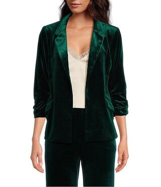Velvet Notch Lapel Open Front 3/4 Ruched Sleeve Coordinating Blazer | Dillard's