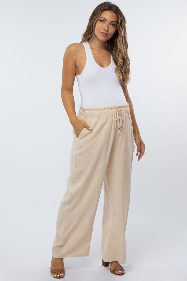 Beige Linen Drawstring Maternity Pants | PinkBlush Maternity