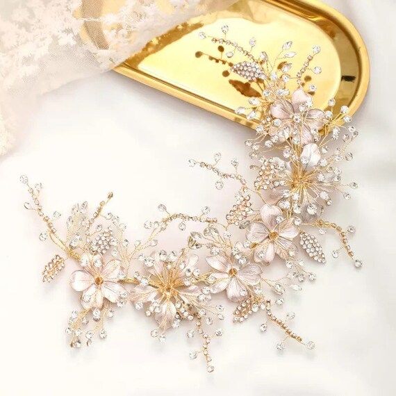 Wedding Headband Gold Crystal Flower Tiara Handmade Bride | Etsy | Etsy (US)