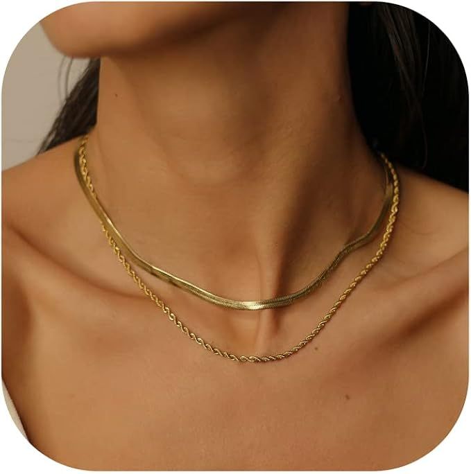 Freekiss Herringbone Necklace for Women,Dainty Gold Necklace,14k Gold Plated Snake,Gold Chain Cho... | Amazon (US)