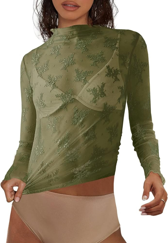 SENSERISE Womens Lace Layering Top Long Sleeve Tops Sheer Mesh Mock Neck Floral Embroidery See Th... | Amazon (US)