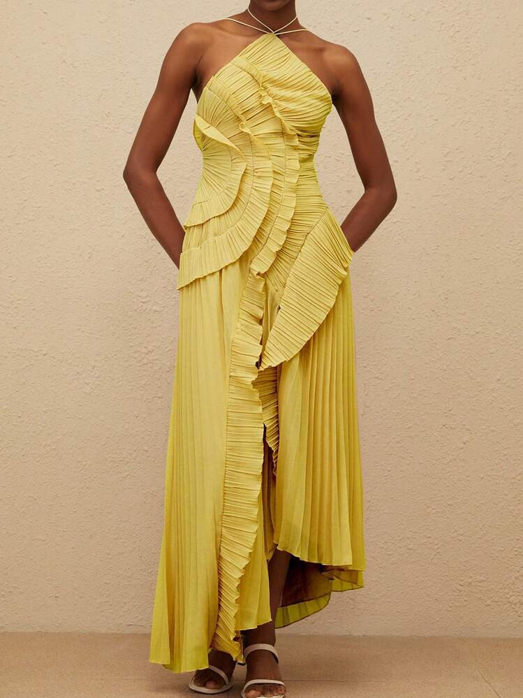 Womens pleated halter ruffle dress | SHEIN