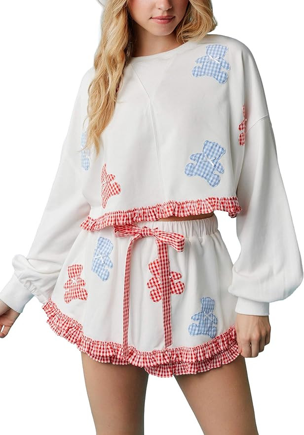 Hey Sweetie Women's Gingham Bear Cropped Sweatshirt & Skort Set – Ruffle Hem Terry Pullover Top... | Amazon (US)