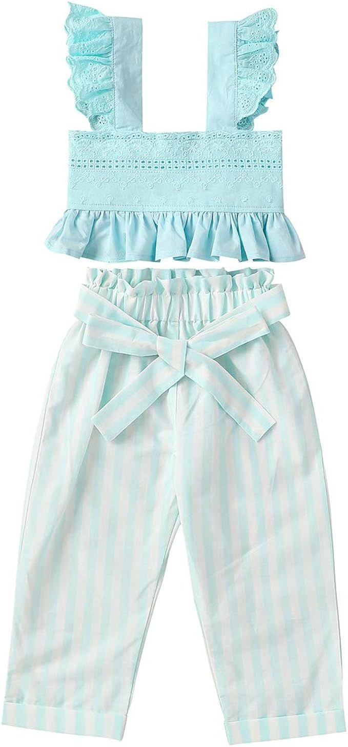 Toddler Baby Girls Summer Outfits Flutter Sleeve Ruffle Lace Crop Tops + Bowknot Striped Pants Tr... | Amazon (US)