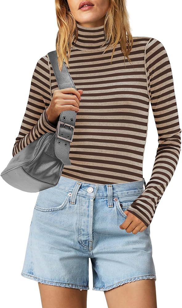 Yanekop Womens Striped Turtleneck Shirt Long Sleeve Striped Shirts Ribbed Knit Slim Fit Top Fitte... | Amazon (US)