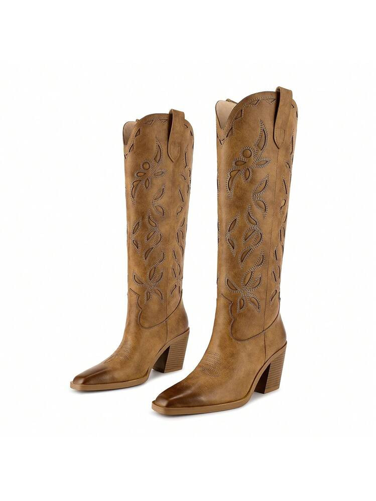 Embroidered Cowboy Cowgirl Boots For Women, Knee High Western Boots With Pull On Tab, Chunky Heel... | SHEIN