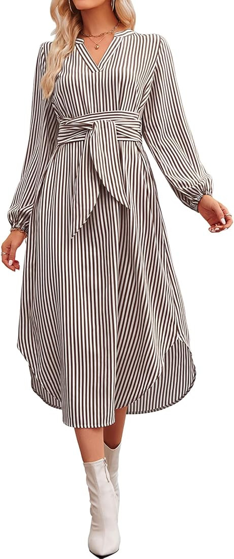 TPWTP Women V Neck Striped Midi Dress Long Sleeve Loose Casual Tie Waist Long Shirt Dresses | Amazon (US)