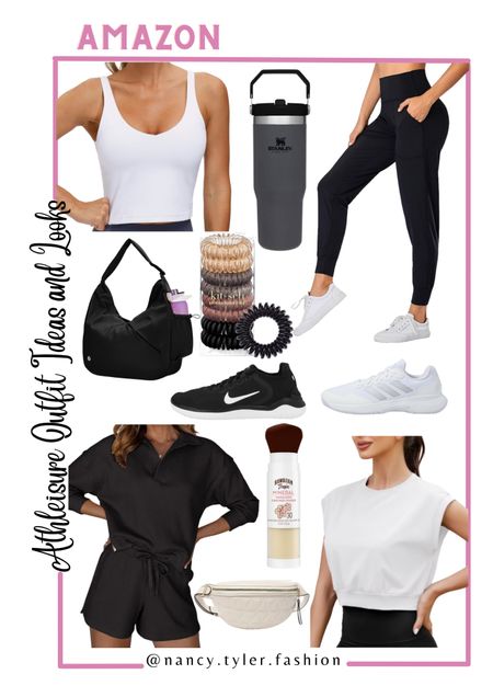 Amazon athleisure items! They all come in various other colors besides black or white. Most are under $40! Sports bra, crop t-shirt, Stanley tumbler, cute sports top, belt bag, fitness bag, tennis skirt, pickleball skirt, cute summer skirt, athletic skirt, sports bag, sports backpack, matching athleisure set 

#LTKActive #LTKShoeCrush #LTKFitness