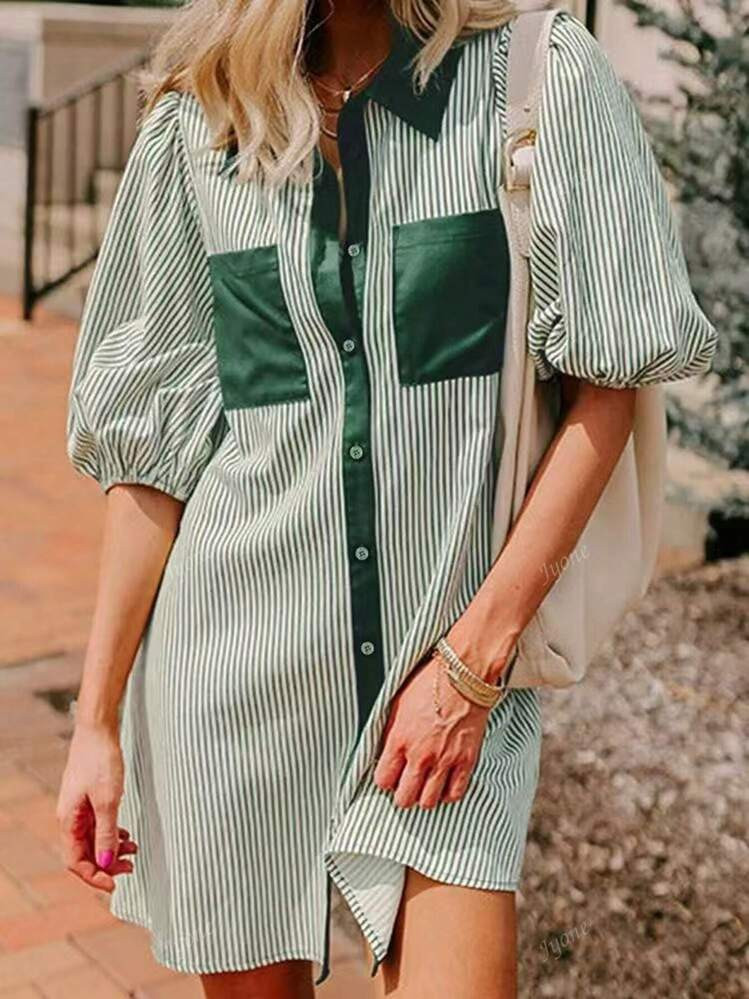 Ladies' Holiday Bubble Sleeve Shirt Dress, Summer New Striped Printed Straight Leg Short Skirt | SHEIN