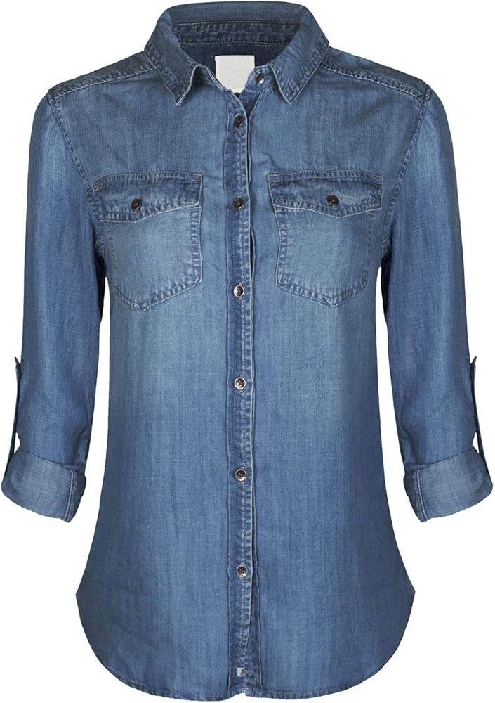 Design by Olivia Women's Classic Long/Roll Up Sleeve Button Down Denim Chambray Shirt | Amazon (US)