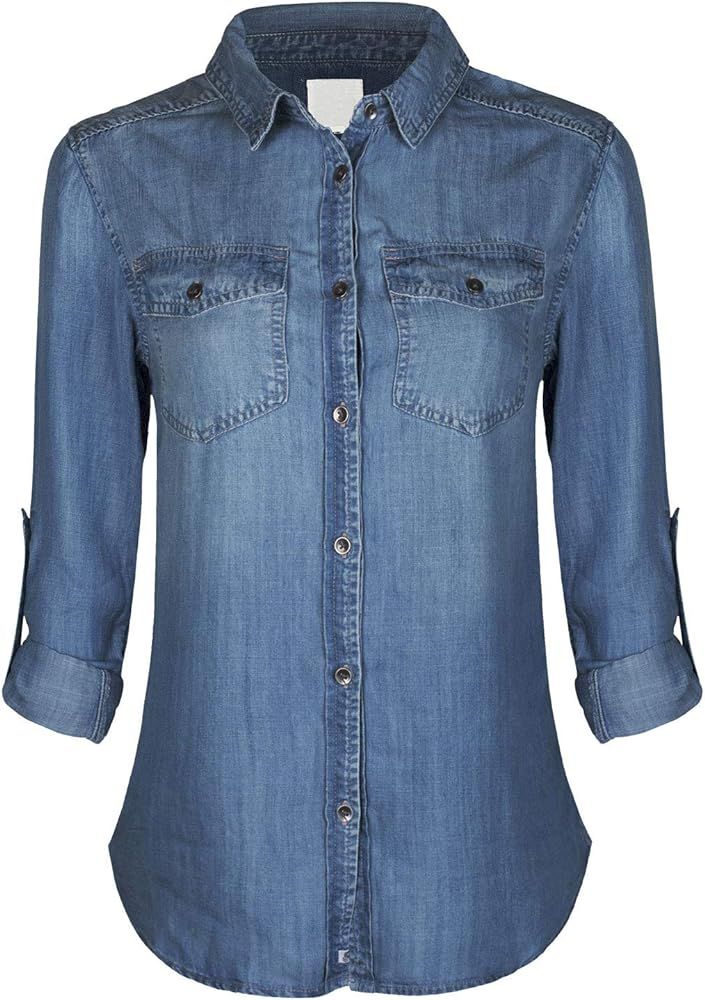 Design by Olivia Women's Classic Long/Roll Up Sleeve Button Down Denim Chambray Shirt | Amazon (US)